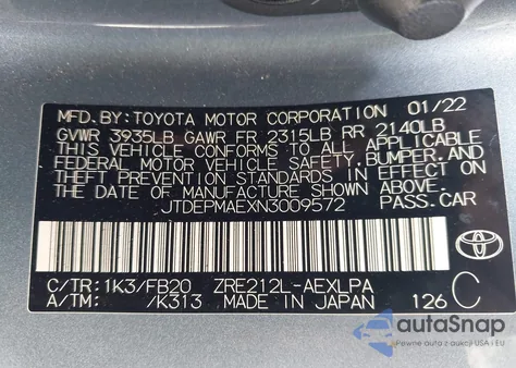 2022 Toyota Corolla Le from USA, damaged, VIN JTDEPMAEXN3009572